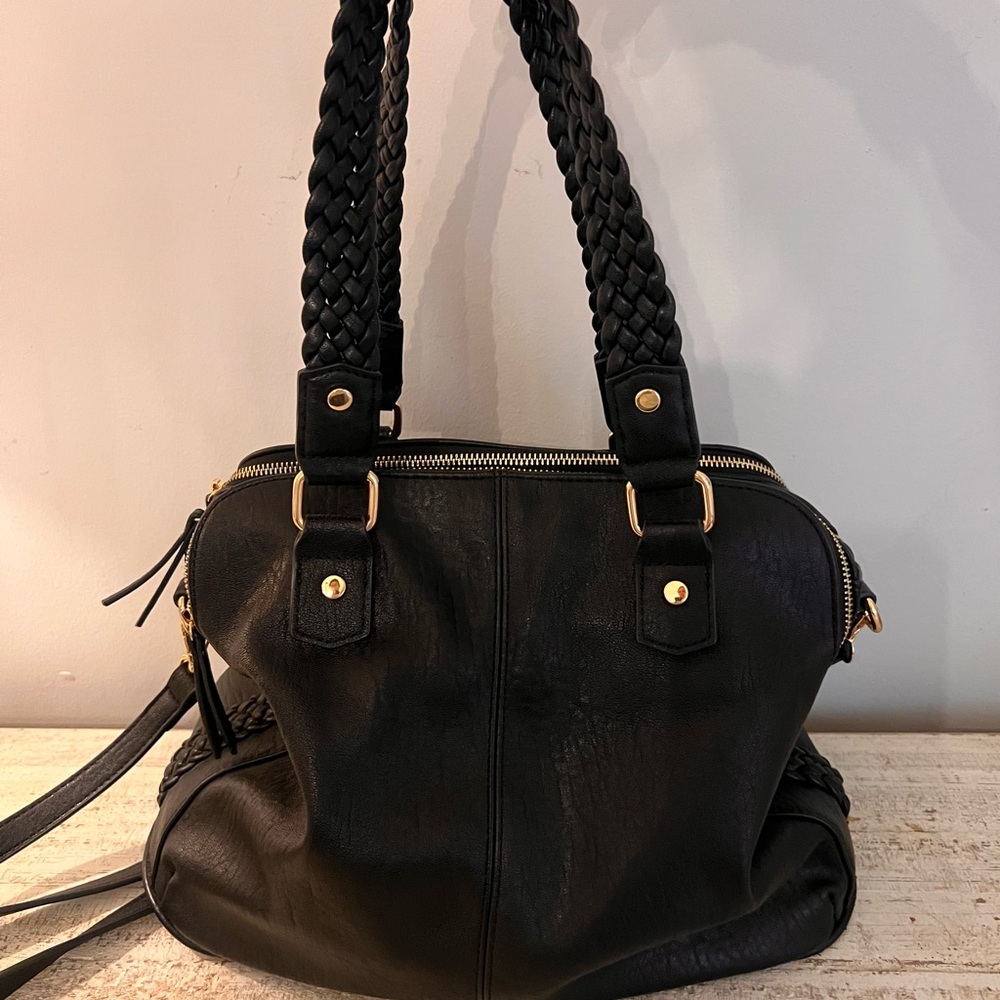 Antik Kraft Black Braided-Handle Shoulder Bag with Gold Hardware